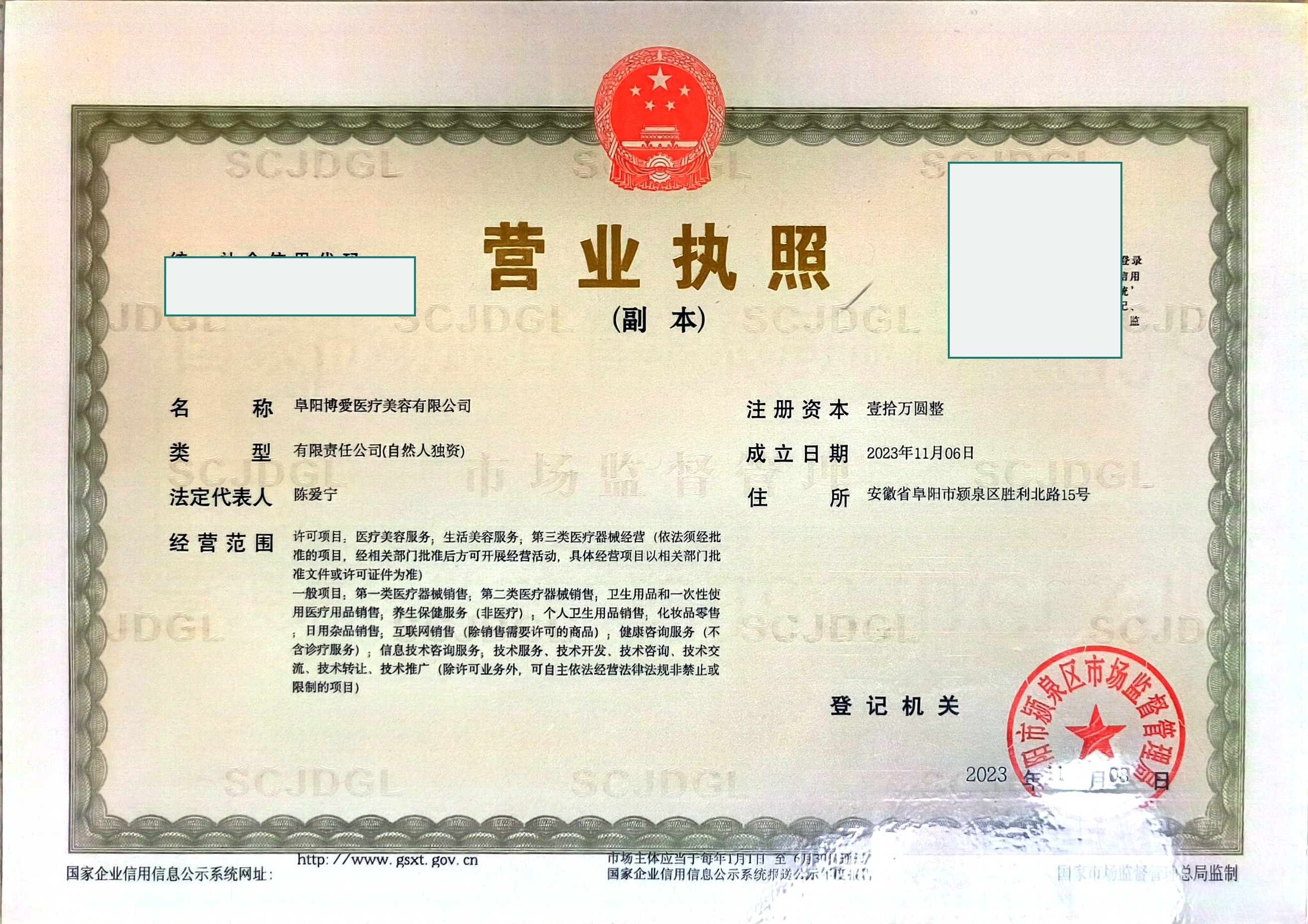 博愛医疗美容营业执照公开展示版